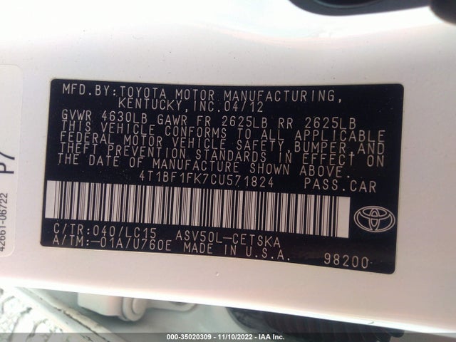 2012 Toyota Camry L/le/se/xle მანქანა იყიდება აუქციონზე, vin: 4T1BF1FK7CU571824, აუქციონის ნომერი: 35020309