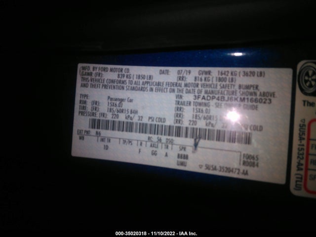 2019 FORD FIESTA SE VIN: 3FADP4BJ6KM166023