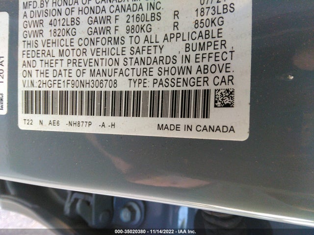 2022 HONDA CIVIC SEDAN TOURING VIN: 2HGFE1F90NH306708