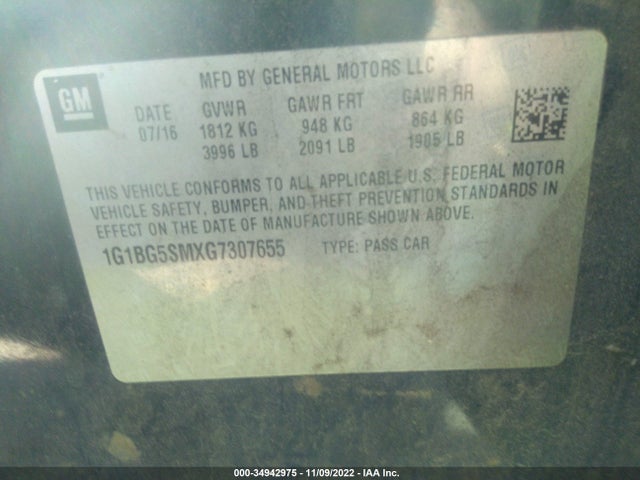 2016 Chevrolet Cruze, VIN: 1G1BG5SMXG7307655