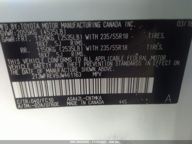 2018 Toyota RAV4, VIN: 2T3WFREV9JW461163