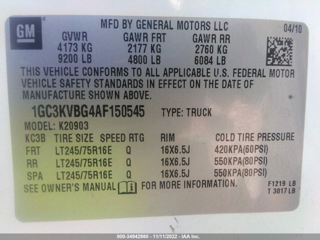 2010 CHEVROLET SILVERADO 2500HD WORK TRUCK VIN: 1GC3KVBG4AF150545