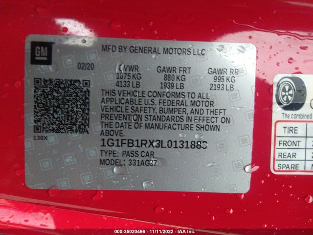 Chevrolet Camaro 1lt 2020 1G1FB1RX3L0131883 Image 11