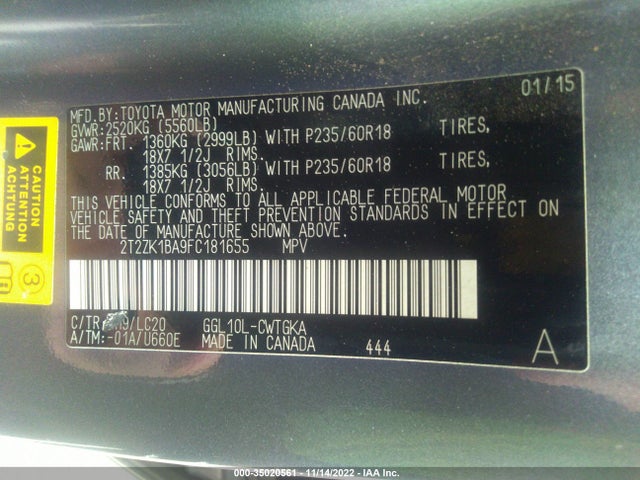 2T2ZK1BA9FC181655 Lexus RX 350