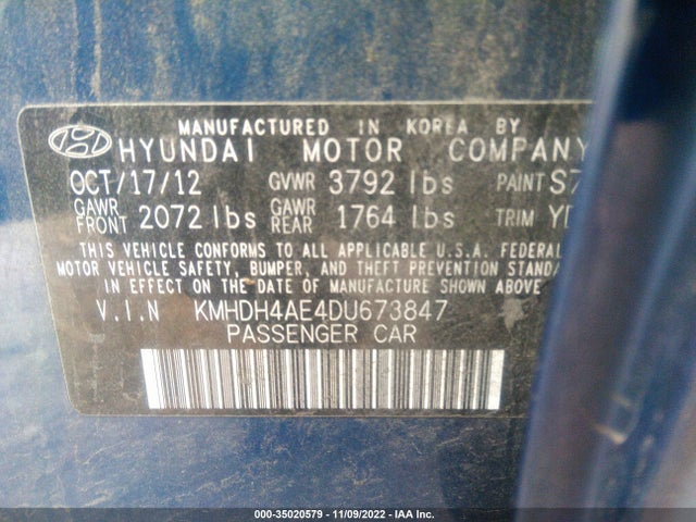 2013 HYUNDAI ELANTRA LIMITED VIN: KMHDH4AE4DU673847