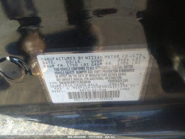 2015 NISSAN VERSA S PLUS VIN: 3N1CN7AP7FL922010