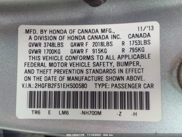 Honda Civic Sedan Lx 2014 2HGFB2F51EH500580 Image 9