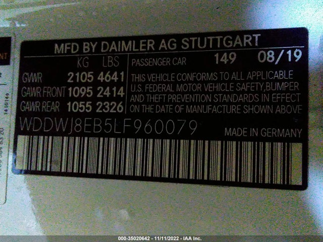 2020 MERCEDES-BENZ C-CLASS C 300 VIN: WDDWJ8EB5LF960079