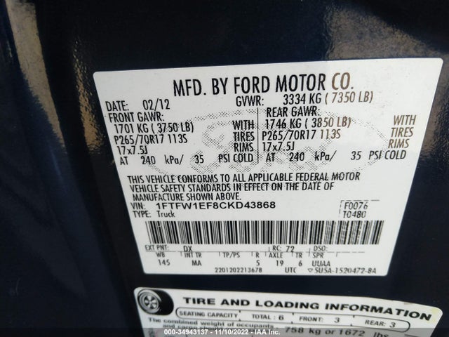 2012 FORD F-150 XL/XLT/FX4/LARIAT VIN: 1FTFW1EF8CKD43868