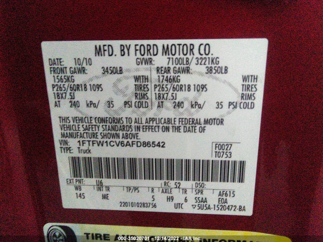 2010 FORD F-150 XL/XLT VIN: 1FTFW1CV6AFD86542