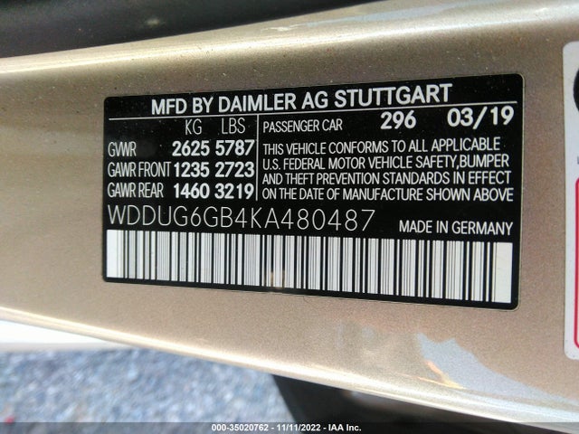 2019 Mercedes-Benz S-Class, VIN: WDDUG6GB4KA480487