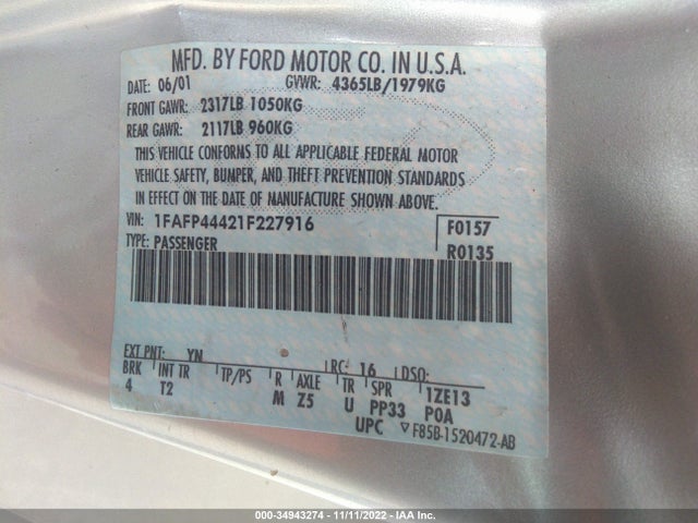2001 FORD MUSTANG DELUXE/PREMIUM VIN: 1FAFP44421F227916