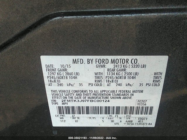 2015 FORD EDGE SEL VIN: 2FMTK3J97FBC00124