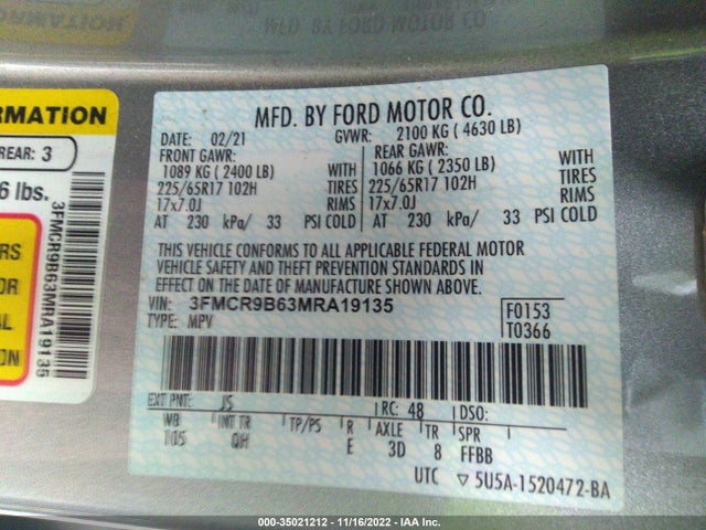 2021 Ford Bronco, VIN: 3FMCR9B63MRA19135