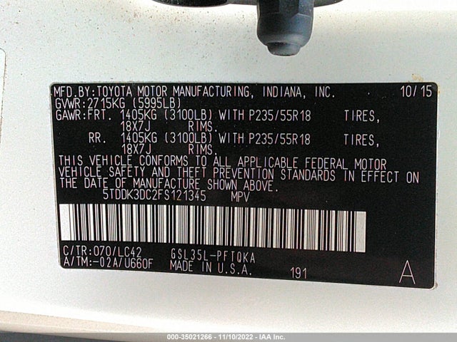 2015 Toyota Sienna, VIN: 5TDDK3DC2FS121345