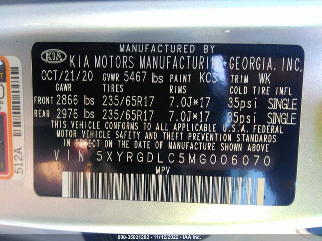 2021 KIA SORENTO LX VIN: 5XYRGDLC5MG006070