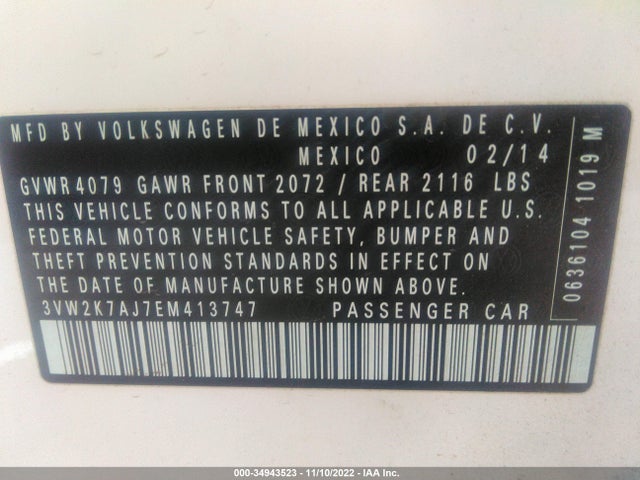2014 VOLKSWAGEN JETTA SEDAN S VIN: 3VW2K7AJ7EM413747