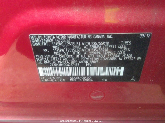 2012 TOYOTA RAV4 SPORT VIN: 2T3RK4DV0CW087168