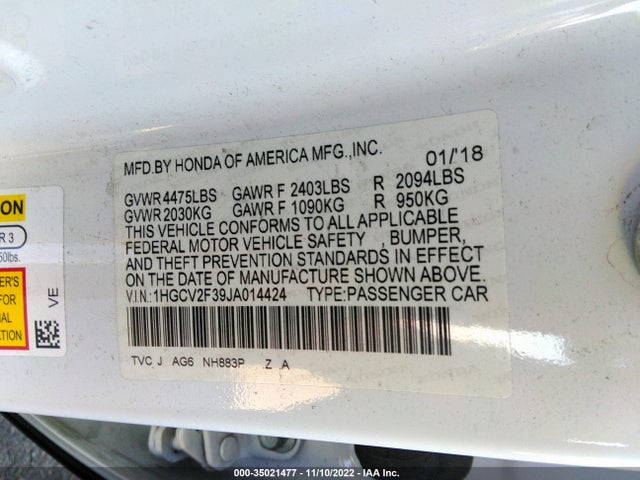 2018 HONDA ACCORD SPORT VIN: 1HGCV2F39JA014424