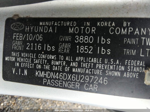 2006 HYUNDAI ELANTRA GLS/LIMITED VIN: KMHDN46DX6U297246