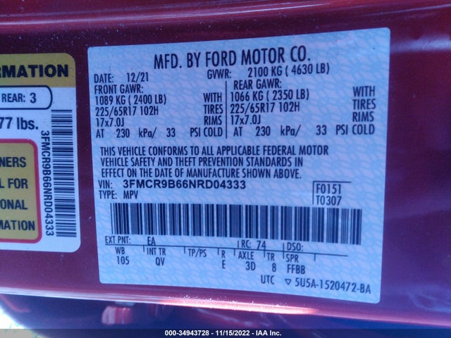 2022 Ford Bronco, VIN: 3FMCR9B66NRD04333