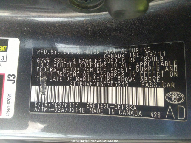 2011 TOYOTA COROLLA L/LE/S VIN: 2T1BU4EE8BC706215