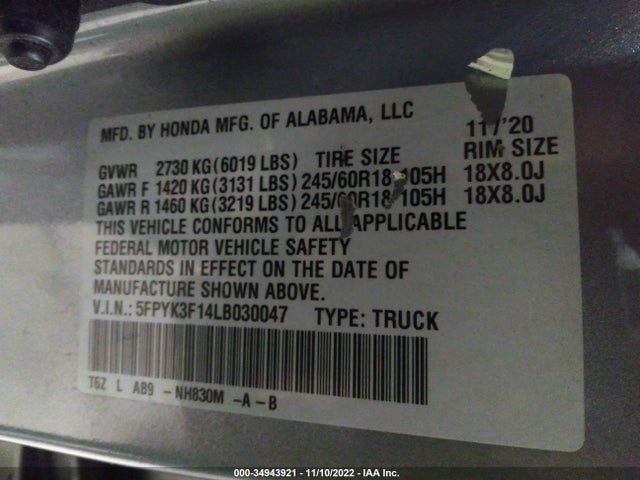 2020 Honda Ridgeline, VIN: 5FPYK3F14LB030047