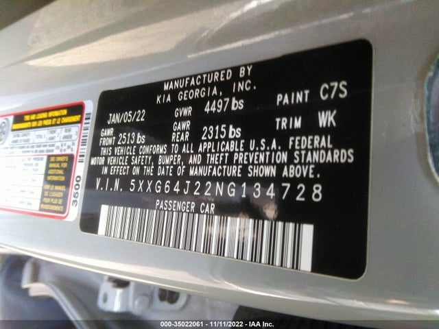 2022 Kia K5, VIN: 5XXG64J22NG134728