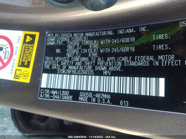 2018 TOYOTA HIGHLANDER SE/XLE VIN: 5TDKZRFH0JS268335