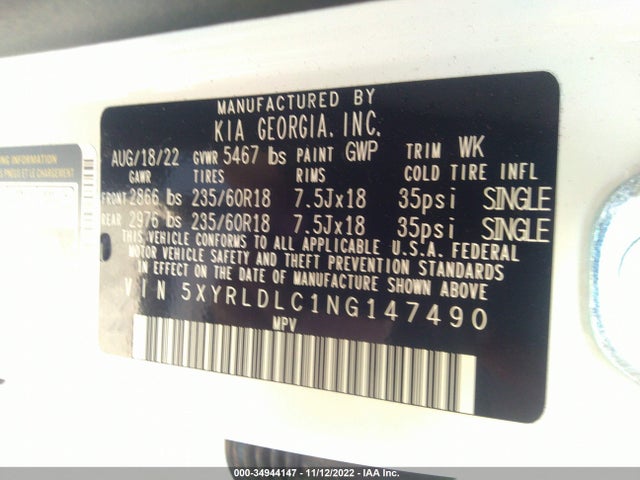 2022 KIA SORENTO X-LINE S VIN: 5XYRLDLC1NG147490