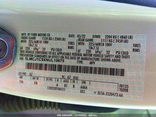 2022 Lincoln Corsair, VIN: 5LMCJ1C9XNUL10675