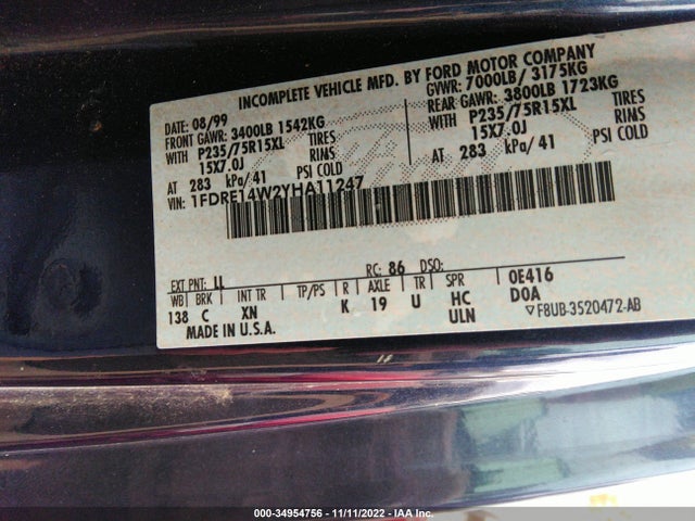 2000 FORD E-150 RECREATIONAL VIN: 1FDRE14W2YHA11247