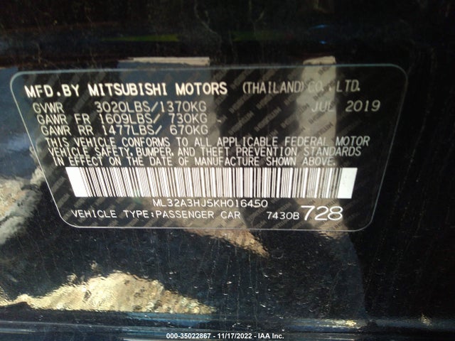 ML32A3HJ5KH016450 Mitsubishi Mirage Es/rf