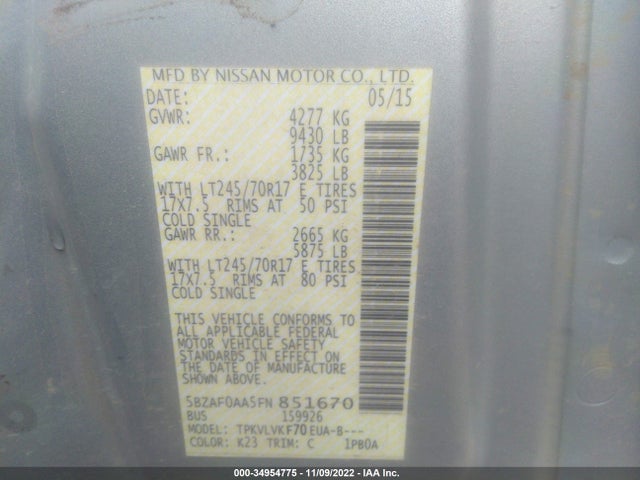 2015 Nissan NV, VIN: 5BZAF0AA5FN851670