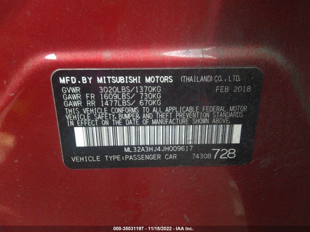 2018 MITSUBISHI MIRAGE ES VIN: ML32A3HJ4JH009617