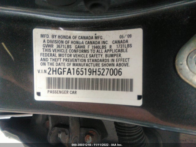 2009 HONDA CIVIC SDN LX VIN: 2HGFA16519H527006
