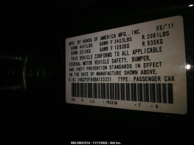 2011 HONDA ACCORD SDN EX-L VIN: 1HGCP2F86BA133331