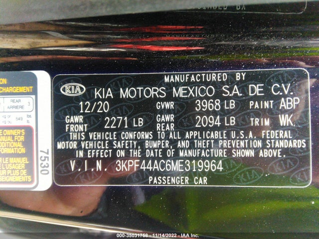 2021 KIA FORTE GT VIN: 3KPF44AC6ME319964
