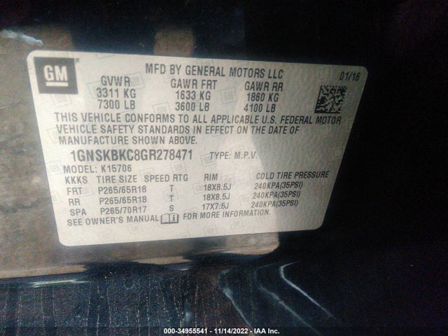 2016 Chevrolet Tahoe, VIN: 1GNSKBKC8GR278471