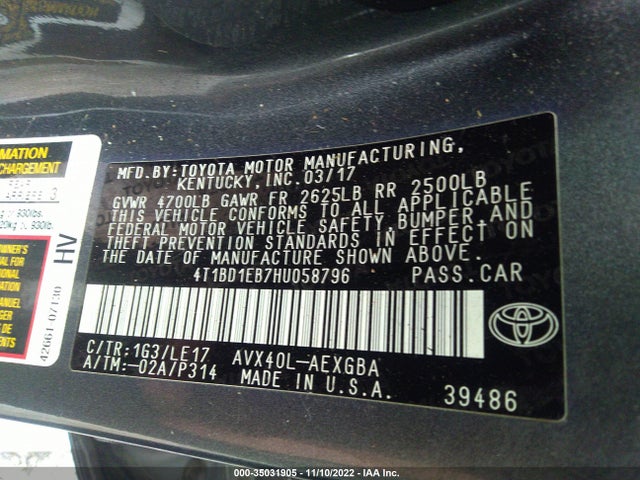 2017 Toyota Avalon, VIN: 4T1BD1EB7HU058796