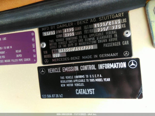 1985 MERCEDES-BENZ 380 SL VIN: WDBBA45C9FA027991