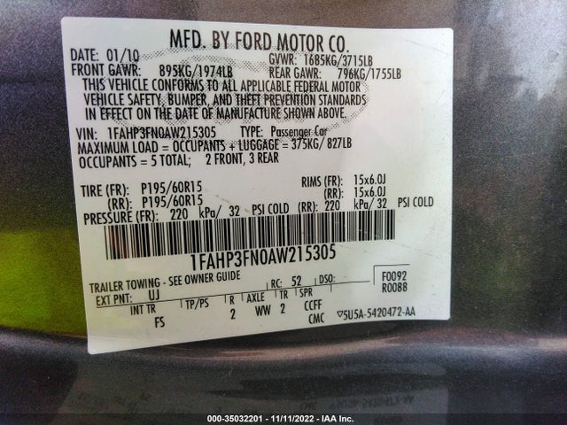 2010 FORD FOCUS SE VIN: 1FAHP3FN0AW215305