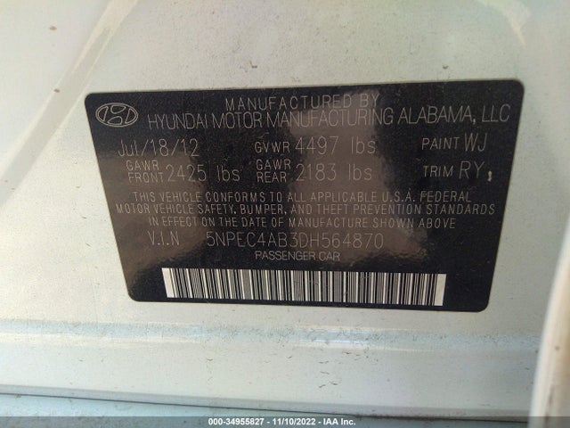 2013 HYUNDAI SONATA LIMITED W/WINE INT VIN: 5NPEC4AB3DH564870