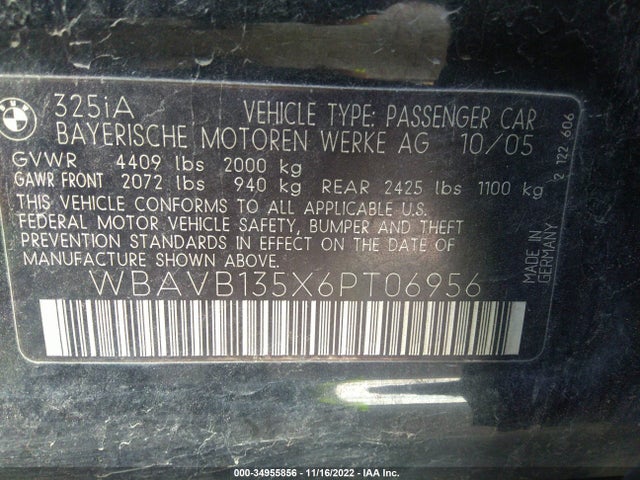 2006 BMW 3 SERIES 325I VIN: WBAVB135X6PT06956