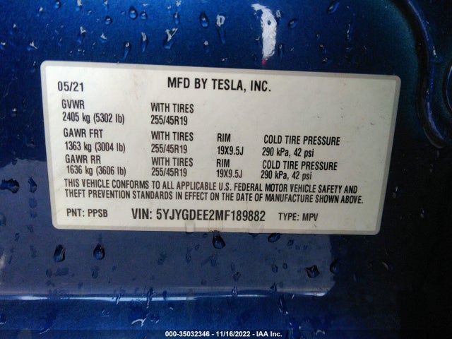 Tesla Model Y Long Range 2021 5YJYGDEE2MF189882 Image 9