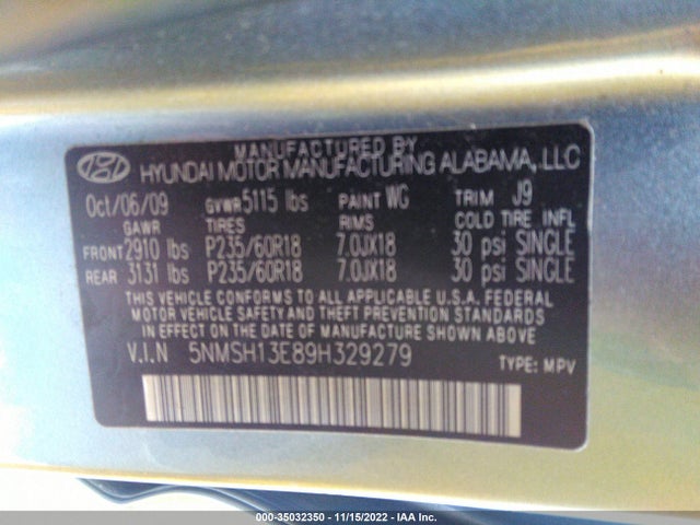 2009 Hyundai Santa Fe Limited მანქანა იყიდება აუქციონზე, vin: 5NMSH13E89H329279, აუქციონის ნომერი: 35032350