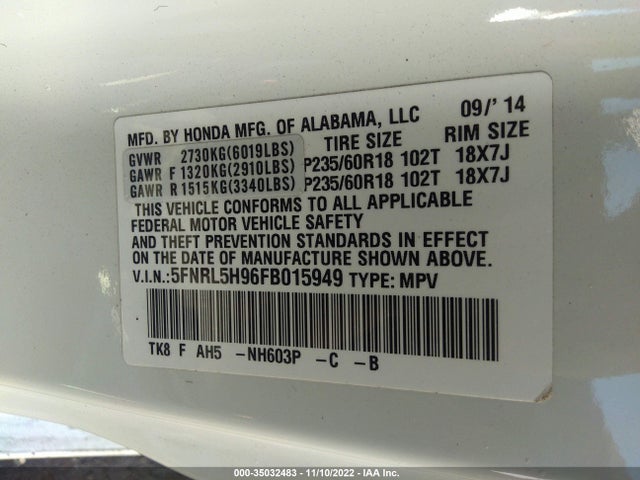 2015 HONDA ODYSSEY TOURING VIN: 5FNRL5H96FB015949