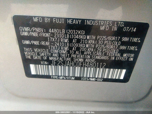 2015 Subaru Forester, VIN: JF2SJAHC0FH480112