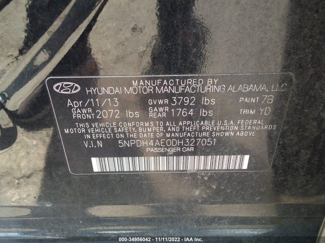2013 HYUNDAI ELANTRA GLS VIN: 5NPDH4AE0DH327051