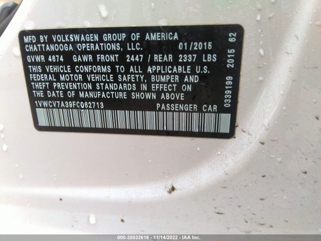 1VWCV7A39FC062713 Volkswagen Passat 2.0l Tdi Sel Premium